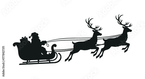 Silhouette of santa claus riding in his sleigh pulled by reindeer against a white background