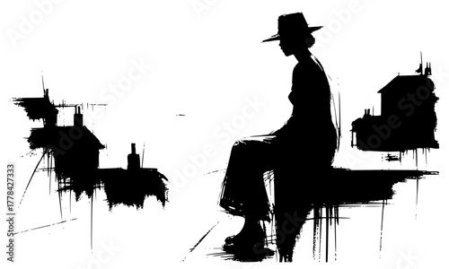 Minimalist woman silhouette sitting near houses, abstract black ink painting, modern urban solitude concept, contemporary expressionist art, emotional street life illustration in monochrome style