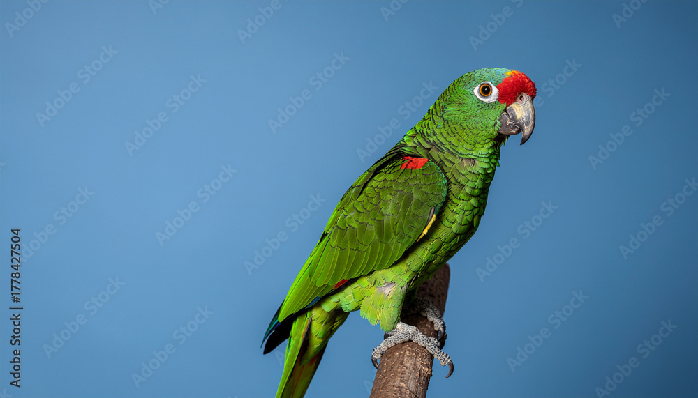 Naklejka premium A vibrant green Amazon parrot with a distinctive red crown and forehead perched on a branch, set against a smooth blue backdrop.