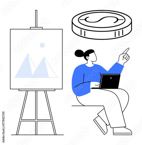 Person working on laptop, pointing towards an idea with an easel and canvas beside. Coin concept above symbolizes financial ideas. Ideal for business, creativity, finance, teamwork, education