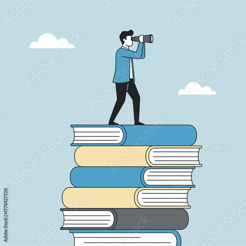 知識の山から未来を望む人物のフラットイラスト
