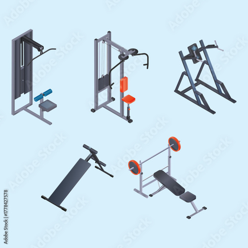 Isometric view of various gym equipment including weight machines and benches on a light blue background showcasing fitness and exercise options for strength training and workout routines