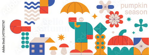 Abstract geometric vector autumn season illustration with fall elements and "hello autumn" text
