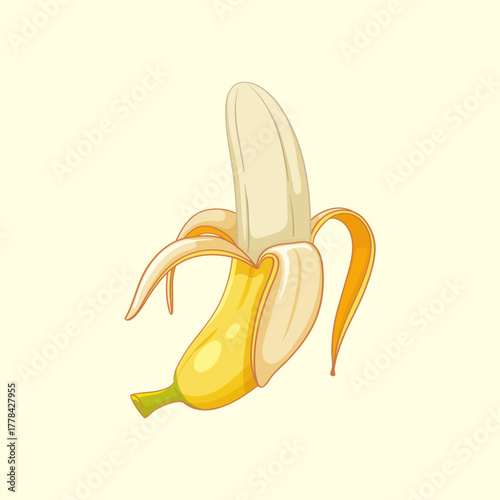 Cartoon banana partially peeled with bright yellow skin and creamy white fruit on a light background creating a cheerful and healthy food illustration for children's books