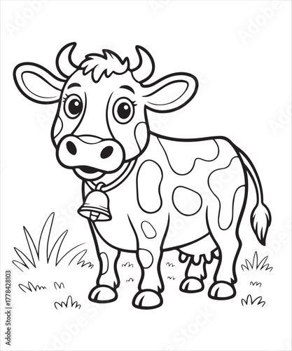 Cute cartoon outline spotted cow with a bell standing in grass is ready to color, kids, coloring page,  book , printable, easy, coloring, pages,