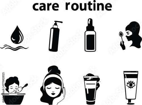 Black and white icons depicting a beauty and skincare routine with various products and applications