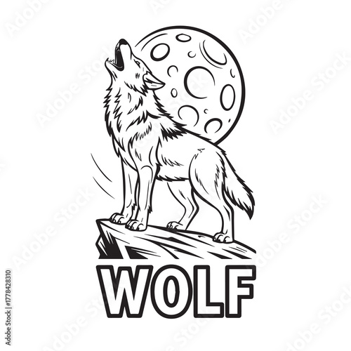 Illustrated wolf howls atop jagged rocks beneath a lunar backdrop in monochrome artwork, kids, coloring page,  book , printable, easy, coloring, pages,