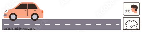 Orange car traveling on a gray road, speedometer indicating speed, and voice input suggesting voice command control. Ideal for transportation, automation, innovation, safety, speed, communication