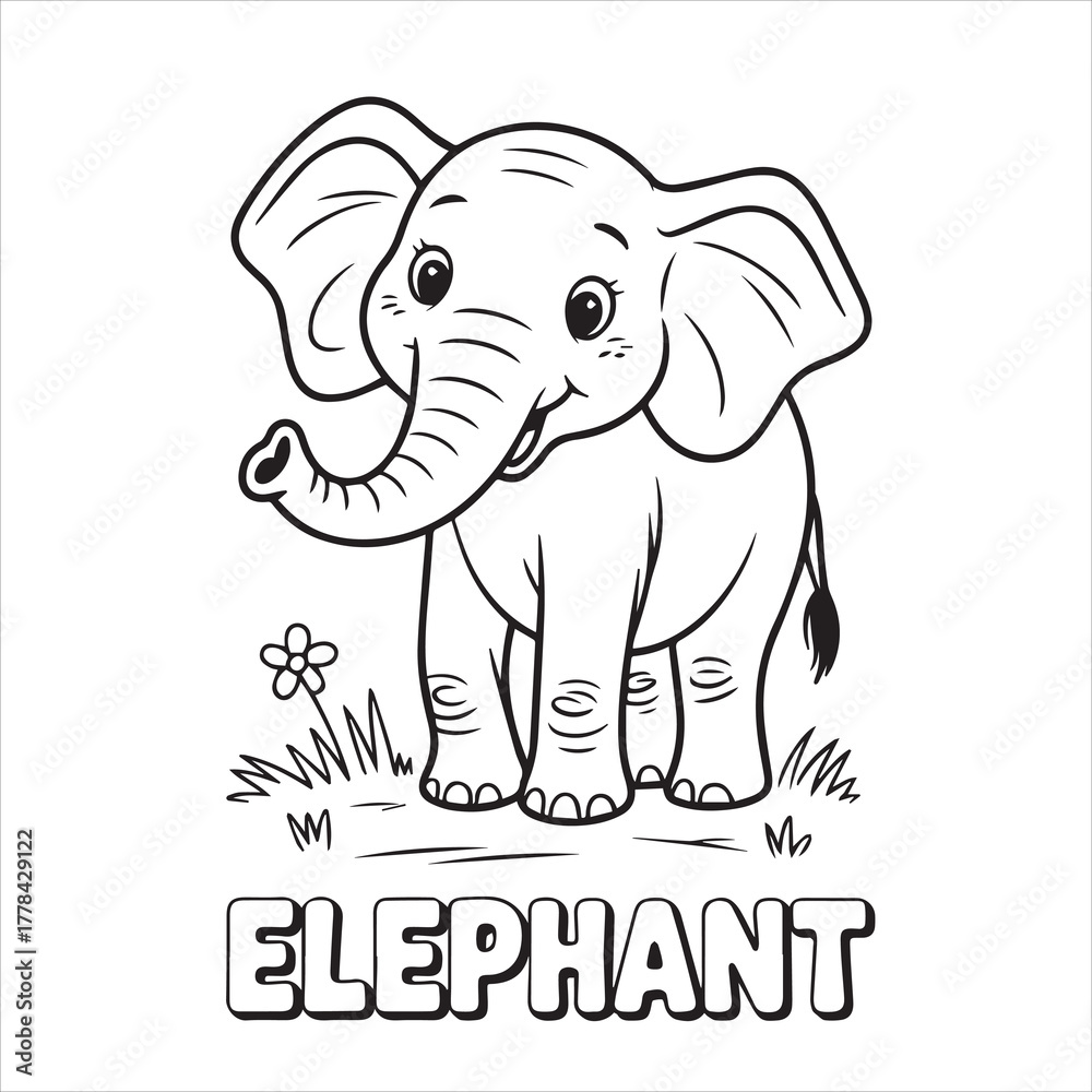 Naklejka premium Black outline cartoon elephant stands near flower; the word elephant is below, kids, coloring page, book , printable, easy, coloring, pages,