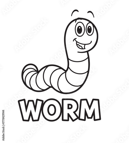 Cartoon earthworm smiles cheerfully above its name in bold lettering on a white background, kids, coloring page,  book , printable, easy, coloring, pages,