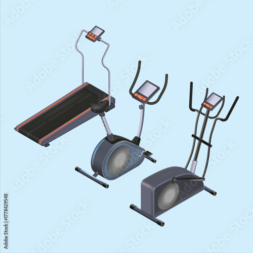 Isometric view of treadmill exercise bike and elliptical machine on a light blue background showcasing fitness equipment for home gyms and health and wellness programs
