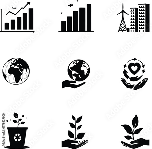 Collection of environmental and sustainability icons depicting growth and conservation efforts
