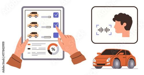 Hands managing car options checklist, orange car, and voice recognition feature representation. Ideal for technology, transport, decision-making, innovation, AI tools, online shopping smart