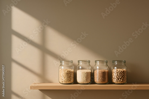Minimal Kitchen Shelf with Glass Jars of Grains and Legumes in Raking Morning Sunlight and Clean Shadow Lines