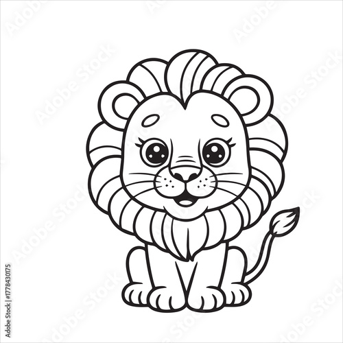 kids coloring page, coloring book for kids, printable coloring pages, fun activities for kids, easy coloring pages, The cute cartoon lion with large eyes is sitting cheerfully; line art style on white