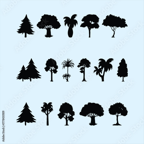 Collection of diverse tree silhouettes showcasing various species and shapes against a light blue background perfect for nature themed designs and illustrations