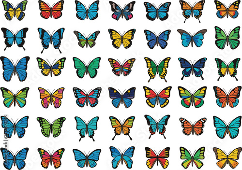 Colorful butterfly collection, vibrant insect patterns, symmetrical wings, nature diversity, exotic species, decorative design, entomology illustration, natural beauty, wildlife art