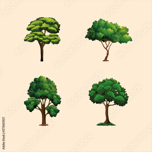 Four different cartoon trees with green foliage and brown trunks on a light background showcasing nature's diversity and providing design elements for ecological projects