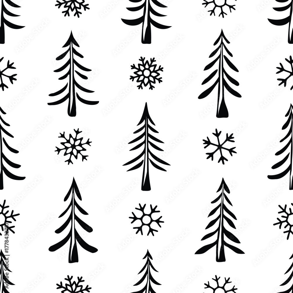 Obraz premium Seamless pattern of trees and snowflakes, winter holiday background, Christmas and New Year, isolated on white background, vector design