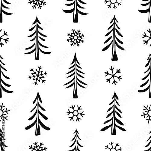 Seamless pattern of trees and snowflakes, winter holiday background, Christmas and New Year, isolated on white background, vector design