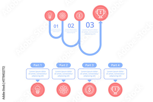 Infographic presenting clear process with numbered steps for achieving success. Icons representing ideas, finance, and teamwork, along with detailed sections for each part