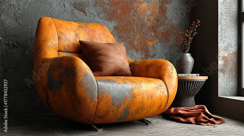 Orange armchair with cushion next to a table and window in a room.