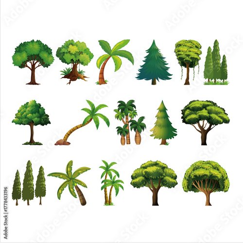 Diverse collection of cartoon trees including deciduous evergreens and palms offering a variety of shapes and foliage for nature themed designs and educational materials