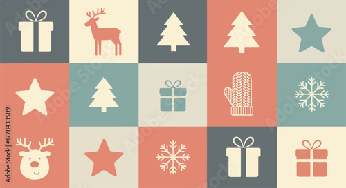 Scandinavian Christmas Patchwork Vector Pattern – Cozy Holiday Icons, Hygge Pastel Geometric Design