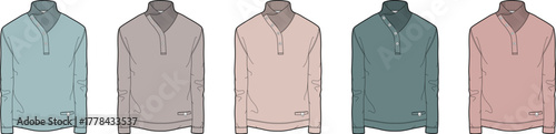 Digital illustration set featuring five long-sleeved quarter-zip polo shirts in a spectrum of muted and modern color variations, perfect for apparel design resources