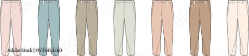 Vector illustration set of women's jogger pants. Technical flat sketch of casual loungewear in a trendy color palette