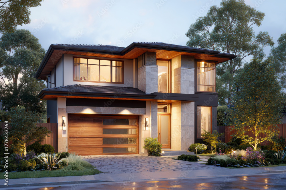 Fototapeta premium Modern house with a garage and trees in the yard during twilight hours.