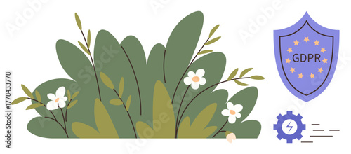 Green foliage and flowers paired with GDPR shield representing data protection, security system, and privacy effort. Ideal for legal compliance, cybersecurity, trust, governance, eco-focus, privacy
