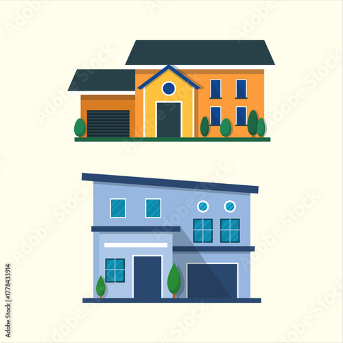 Two modern houses showcasing different architectural styles with clean lines and flat design elements perfect for real estate marketing and urban planning visualizations