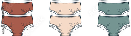 A charming collection of classic girls' briefs in muted earth tones, featuring delicate lace ruffles for comfortable everyday childhood wear