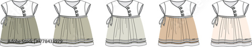 Collection of five adorable baby dresses in varying pastel colors, showcasing a charming, comfortable design perfect for infants and toddlers in a fashion sketch