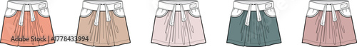 Diverse collection of five flat vector illustrations featuring casual women's drawstring shorts or skirts in a range of soft pastel and earthy tones, ideal for fashion design and apparel concepts