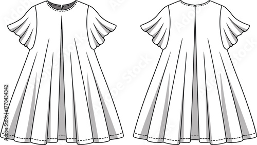 Elegant flared sleeve dress CAD drawing flat vector illustration, front back technical fashion sketch garment design template for Adobe Stock.