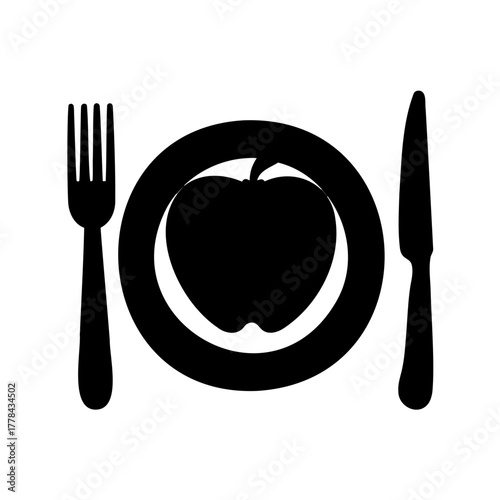 Silhouette of apple on a plate with fork and knife graphic illustration