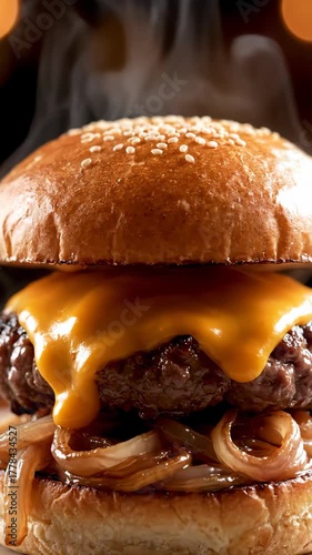 Sizzling Gourmet Patty Melt with Melted Cheese and Caramelized Onions Steaming