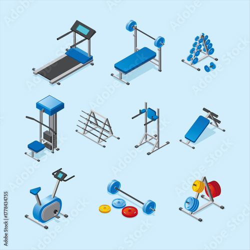 Isometric gym equipment including treadmill weight bench exercise bike and weight racks arranged on a light blue background for fitness and exercise concepts and gym design ideas