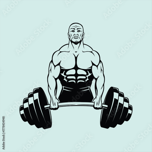 Muscular bodybuilder lifting heavy barbell in a stylized black and white vector illustration showcasing strength and fitness for gym posters and athletic designs