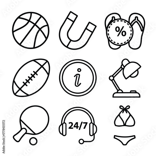 Collection of simple line art icons representing sports shopping and information