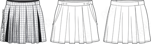 Elegant pleated skirts with houndstooth and buttoned designs, modern minimalist fashion illustration, black and white clothing, trendy outfit inspiration