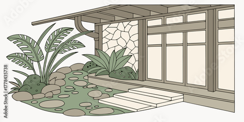 Serene modern home exterior blends with lush tropical garden and natural stone accents creating a tranquil oasis