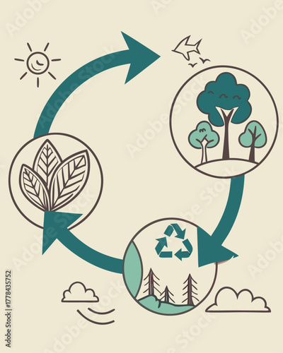 Dynamic cycle of nature showing sun leaves trees and recycling symbols illustrating environmental balance and sustainability