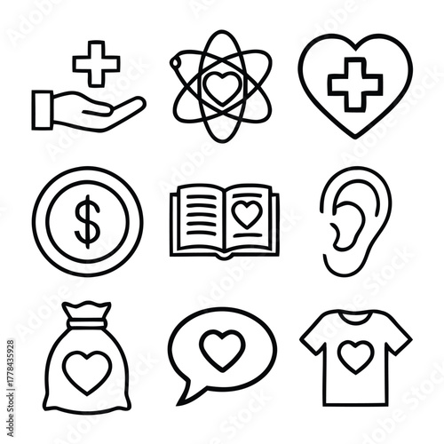 Collection of healthcare and charity icons with hearts and medical symbols