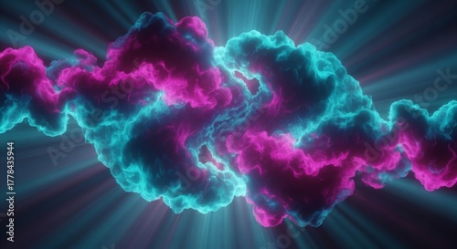 Stunning neon clouds with radiant light beams create a vibrant and dynamic atmosphere, perfect for futuristic designs and modern abstract backgrounds