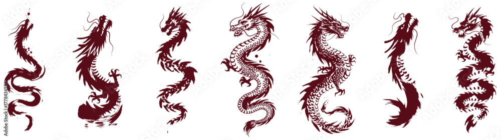 Fototapeta premium Elegant collection of vintage dragon illustrations evokes power, strength and good fortune
