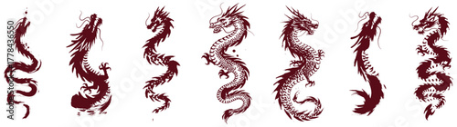 Elegant collection of vintage dragon illustrations evokes power, strength and good fortune