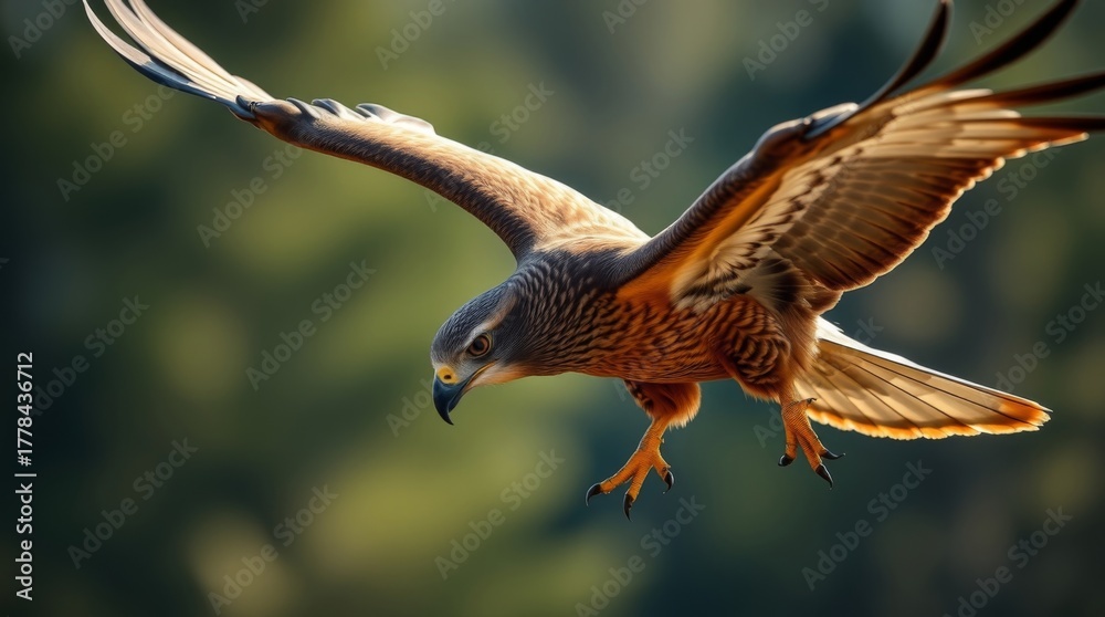 Fototapeta premium Majestic Bird of Prey in Flight Over a Lush Forest Background Capturing the Essence of Nature's Beauty and Wildlife Grace
